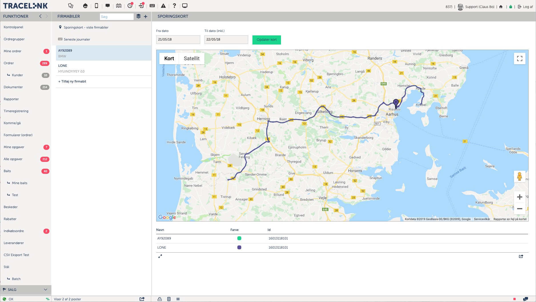 Et screenshot af et sporingskort for firmabiler