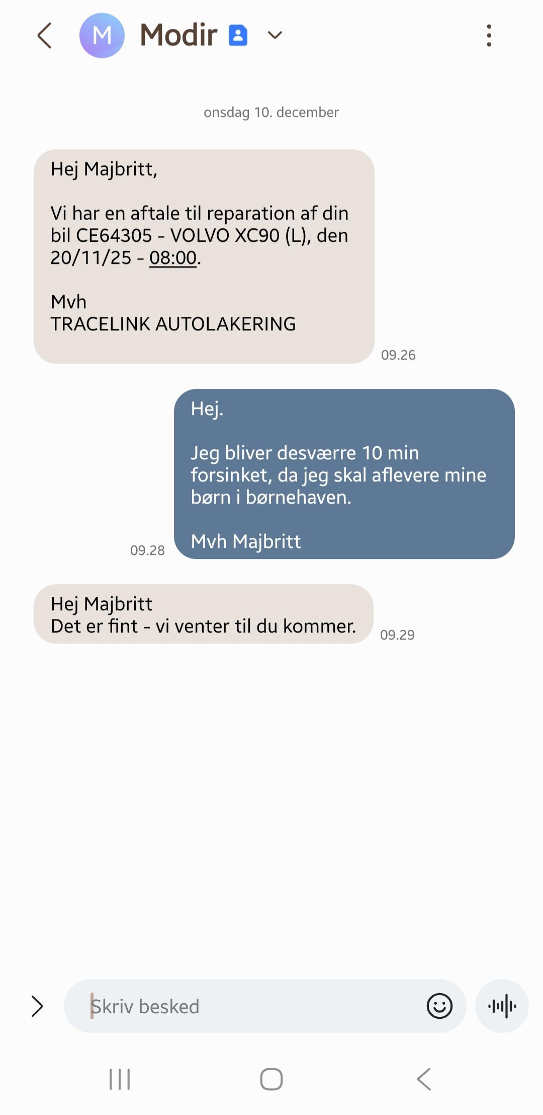 Et screenshot af SMS funktion.