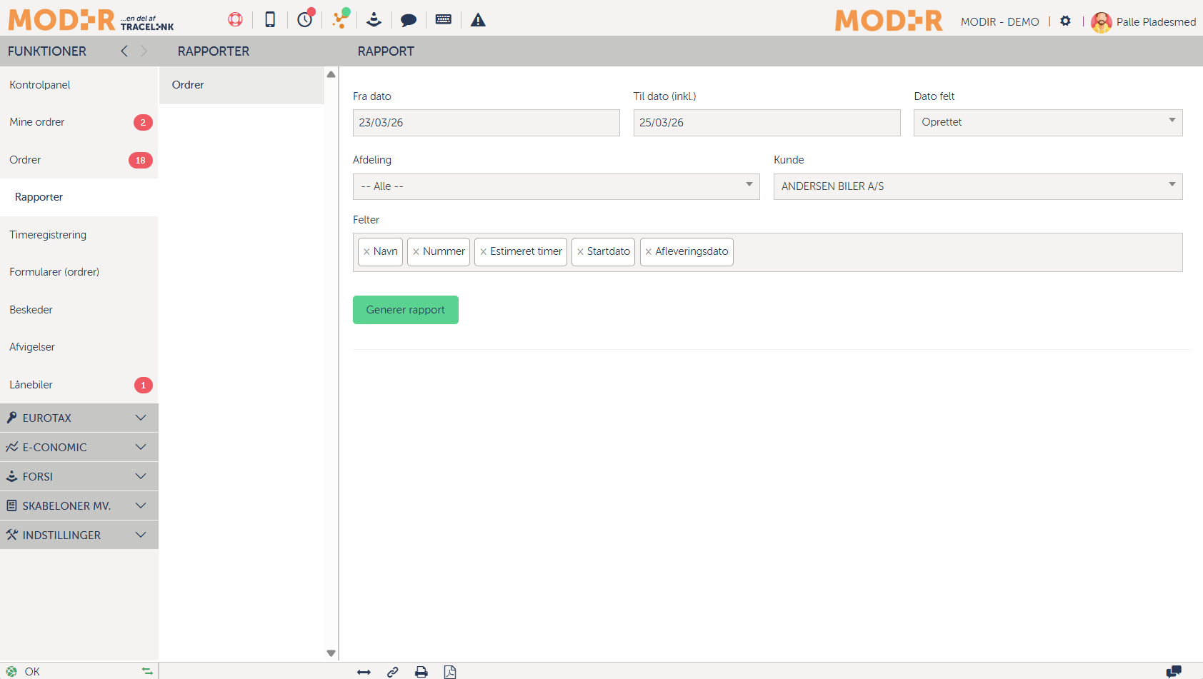 Skærmbillede af Tracelinks rapportmodul.